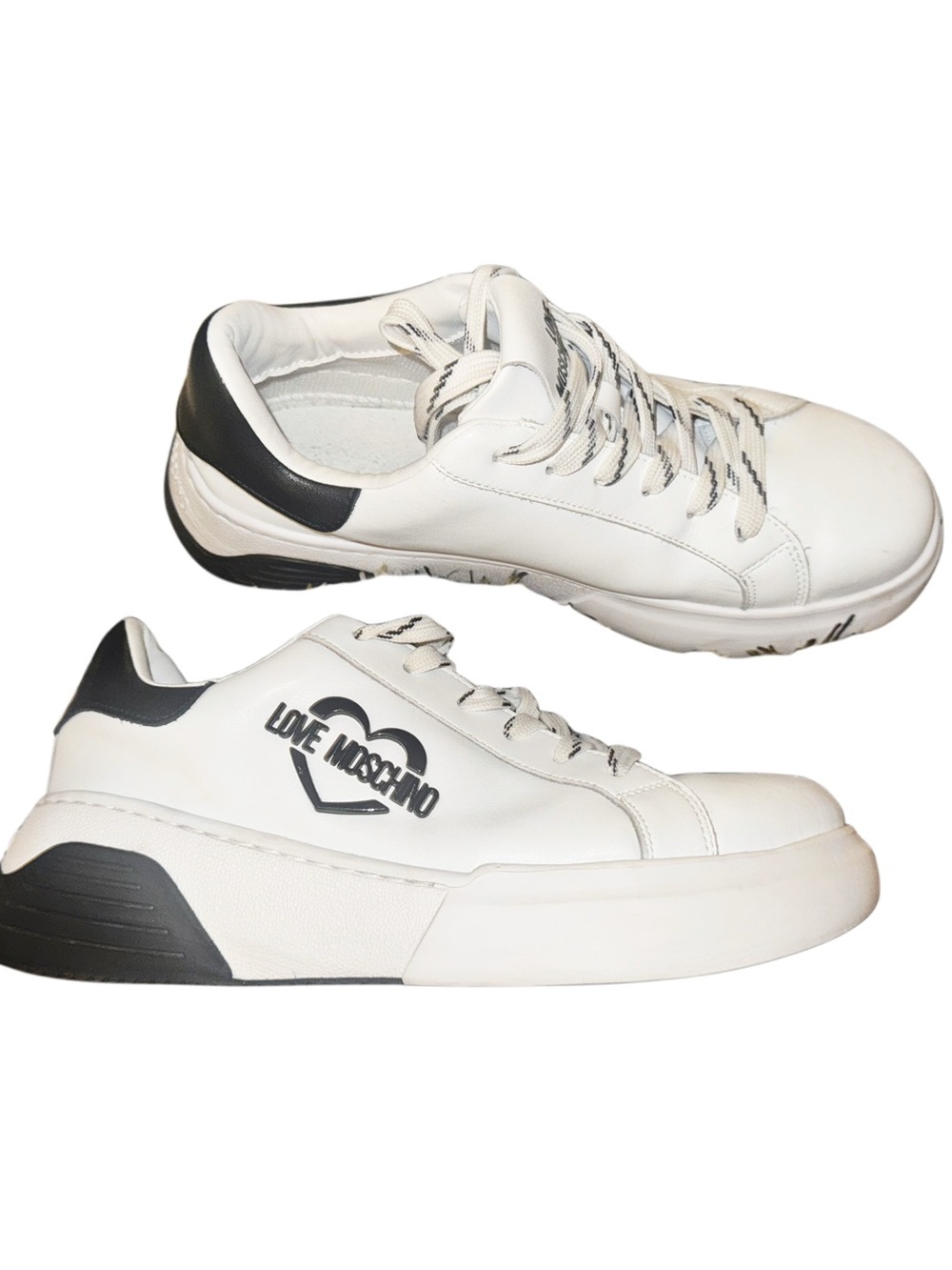 LOVE MOSCHINO - Logo Plaque Leather Platform Sneakers - White & Black - Picture 8 of 12